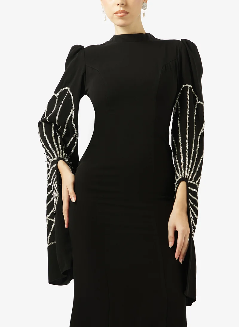 Akadia Fashion  BEADED WIDE SLEEVES CREPE DRESS for Women | Best Price UAE
